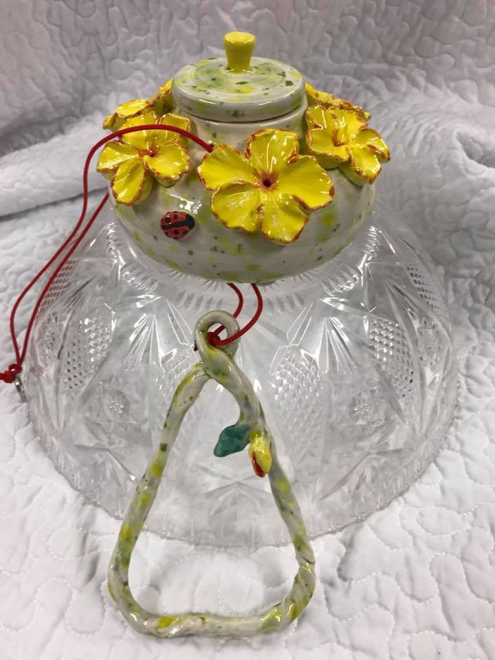 Glass Hummingbird Bird Feeder with swing. Handmade collectible Hummingbird Pots