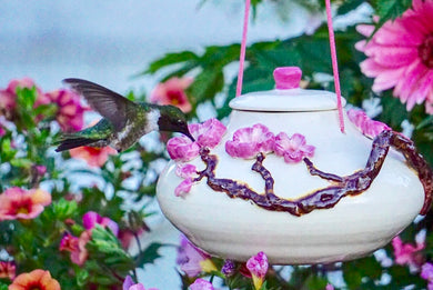 Cherry Blossoms  (Art Piece) Glass Hummingbird Feeder Handmade Pottery